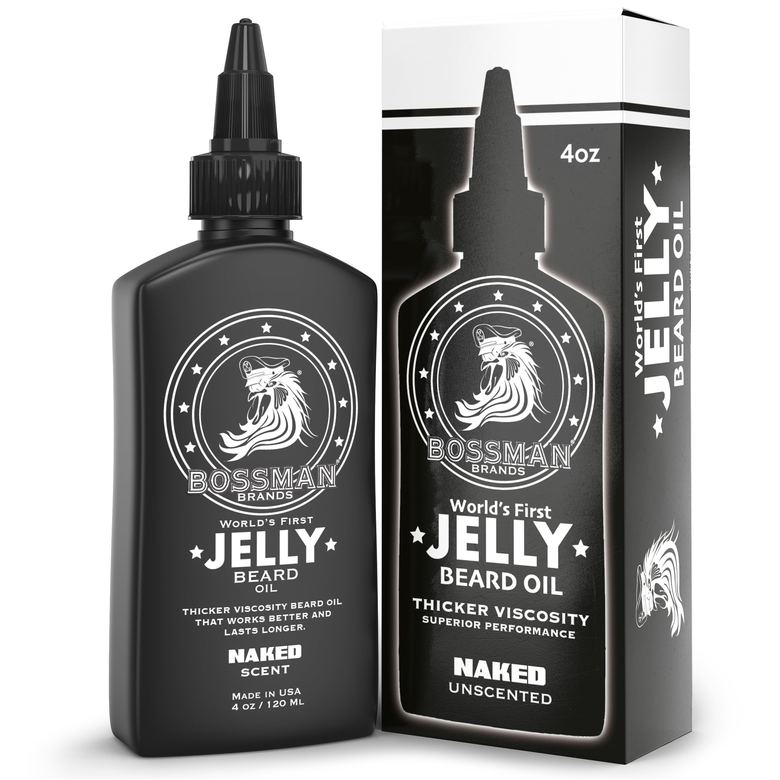 Bossman Beard Oil (4oz) - Eliminates Beard Itch, Bigger Bottle, Thicker Growth, All Natural, American Made, Non Greasy Jelly Beard Oil (Naked Scent)